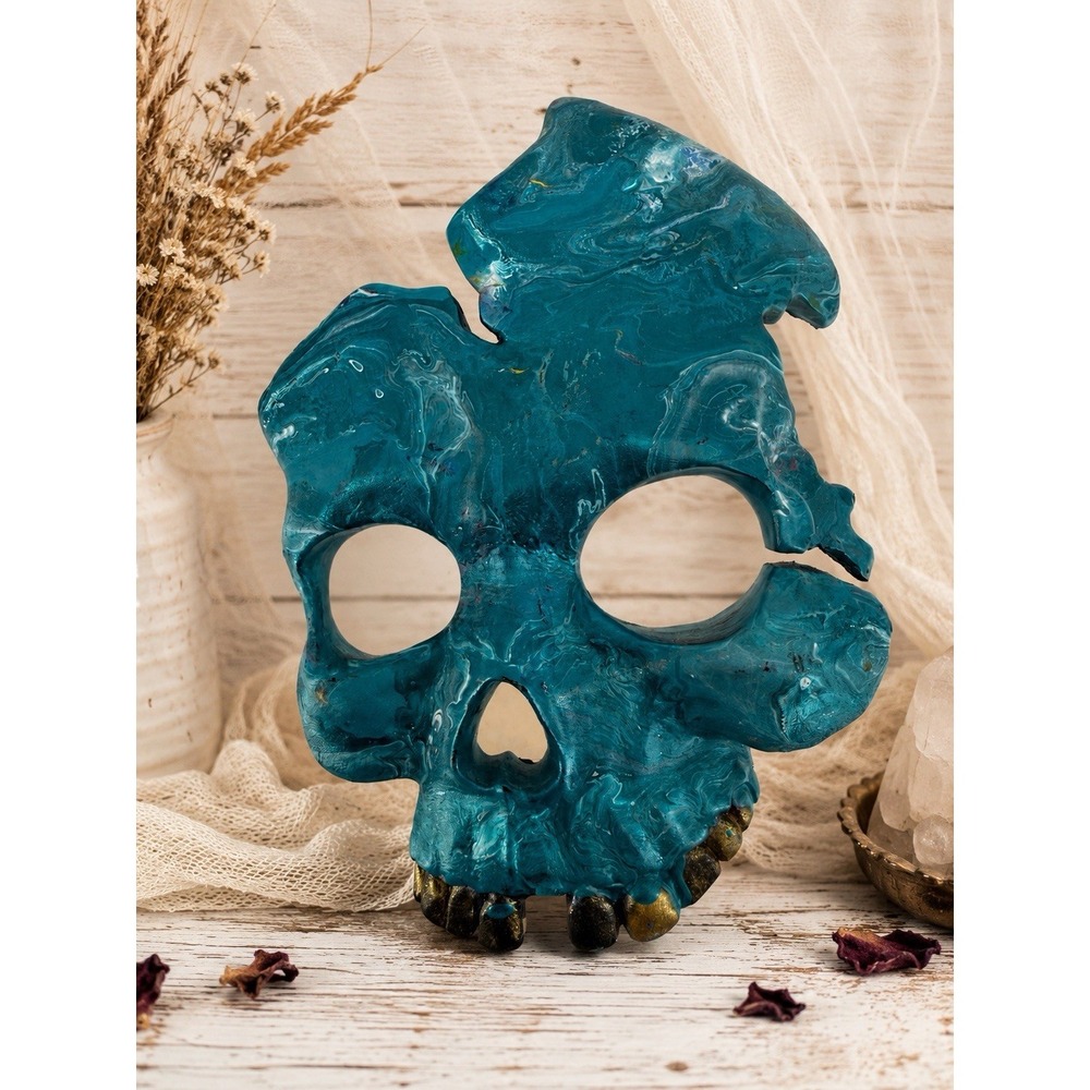 Handmade Acrylic Pour Skull Wall Art Teal Blue Gold Gothic Halloween Decor